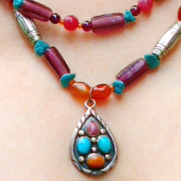 Vintage Jewelry - Vintage Signed Begay Navajo Turquoise, Multi-Gem Sterling Silver Necklace